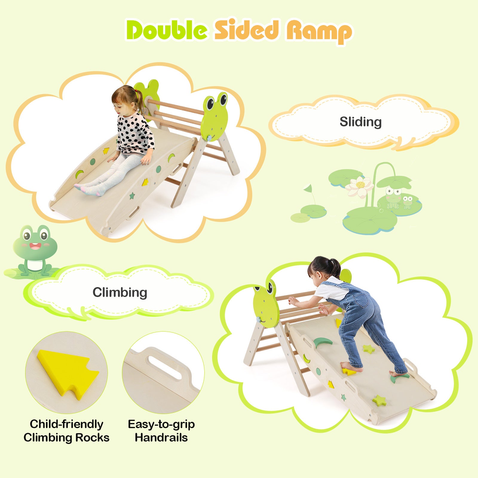 7-in-1 Triangle Set for Kids Frog Climbing Frame with Ramp and Foldable Triangle-Natural