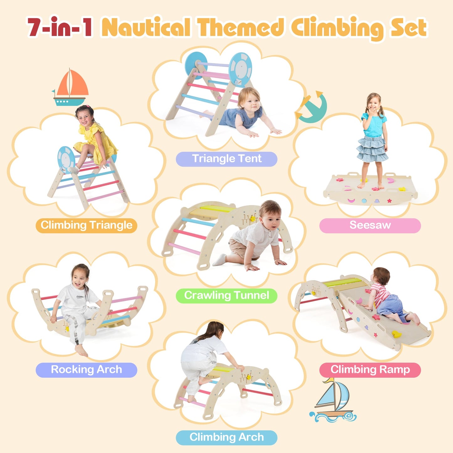 7-in-1 Colorful Montessori Climber Set Toddler Nautical Themed Climbing Set-Colourful