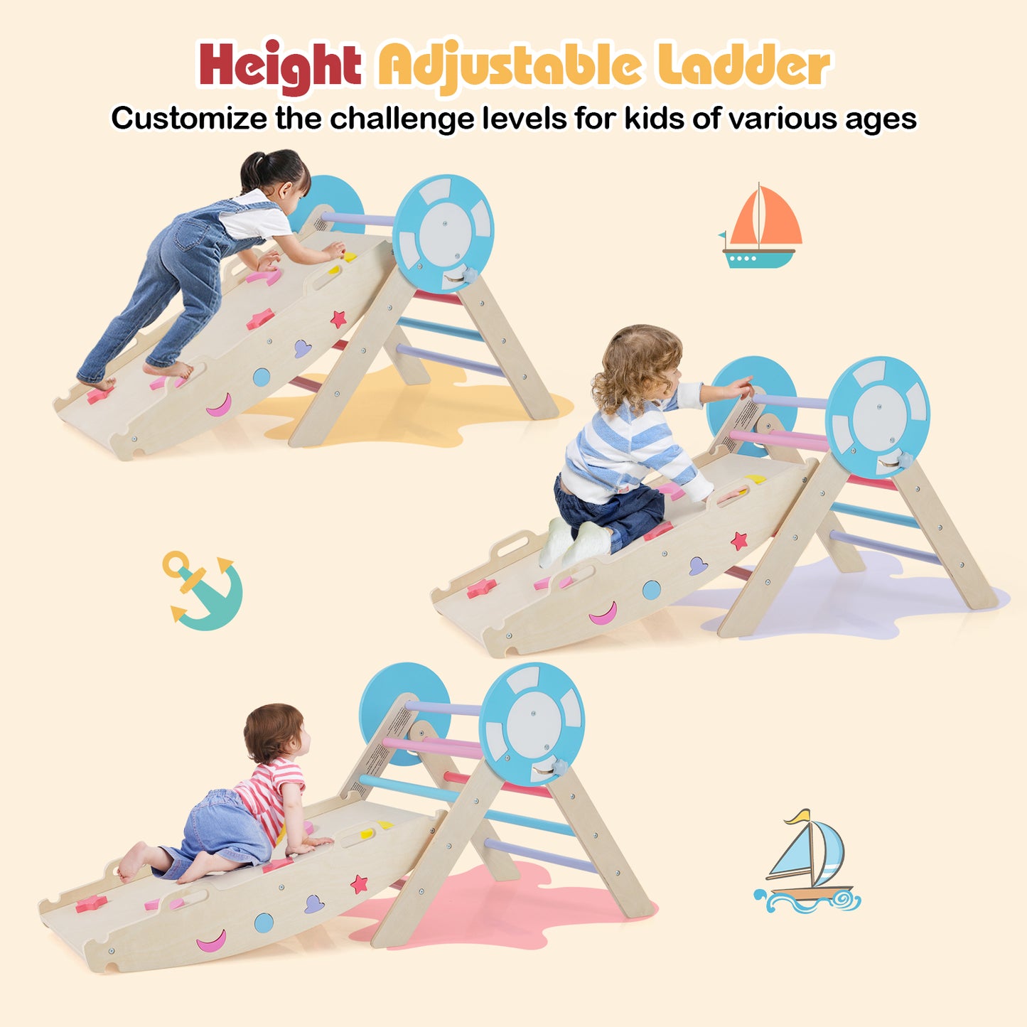 7-in-1 Colorful Montessori Climber Set Toddler Nautical Themed Climbing Set-Colourful