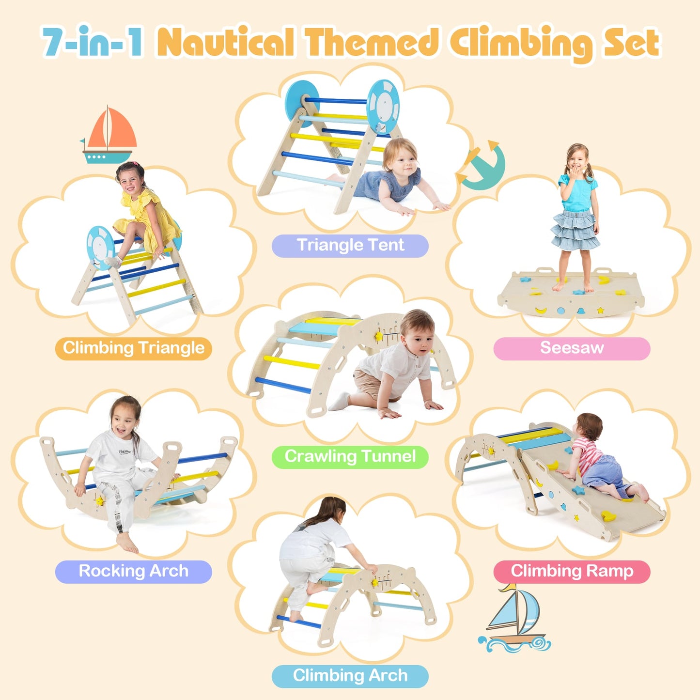 7-in-1 Colorful Montessori Climber Set Toddler Nautical Themed Climbing Set-Macaron