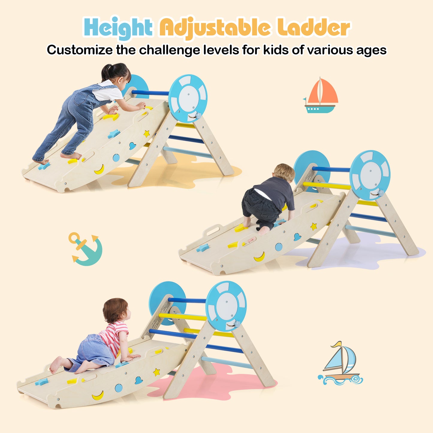 7-in-1 Colorful Montessori Climber Set Toddler Nautical Themed Climbing Set-Macaron