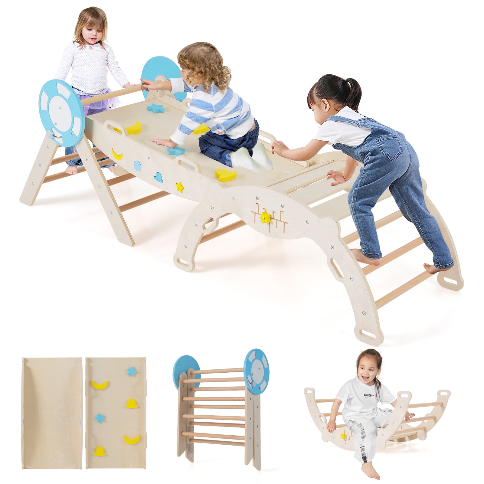 7-in-1 Colorful Montessori Climber Set Toddler Nautical Themed Climbing Set-Natural