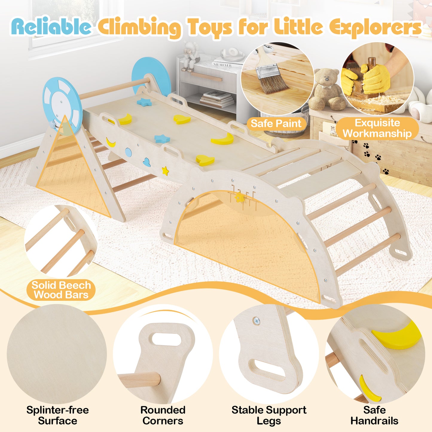 7-in-1 Colorful Montessori Climber Set Toddler Nautical Themed Climbing Set-Natural