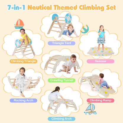 7-in-1 Colorful Montessori Climber Set Toddler Nautical Themed Climbing Set-Natural