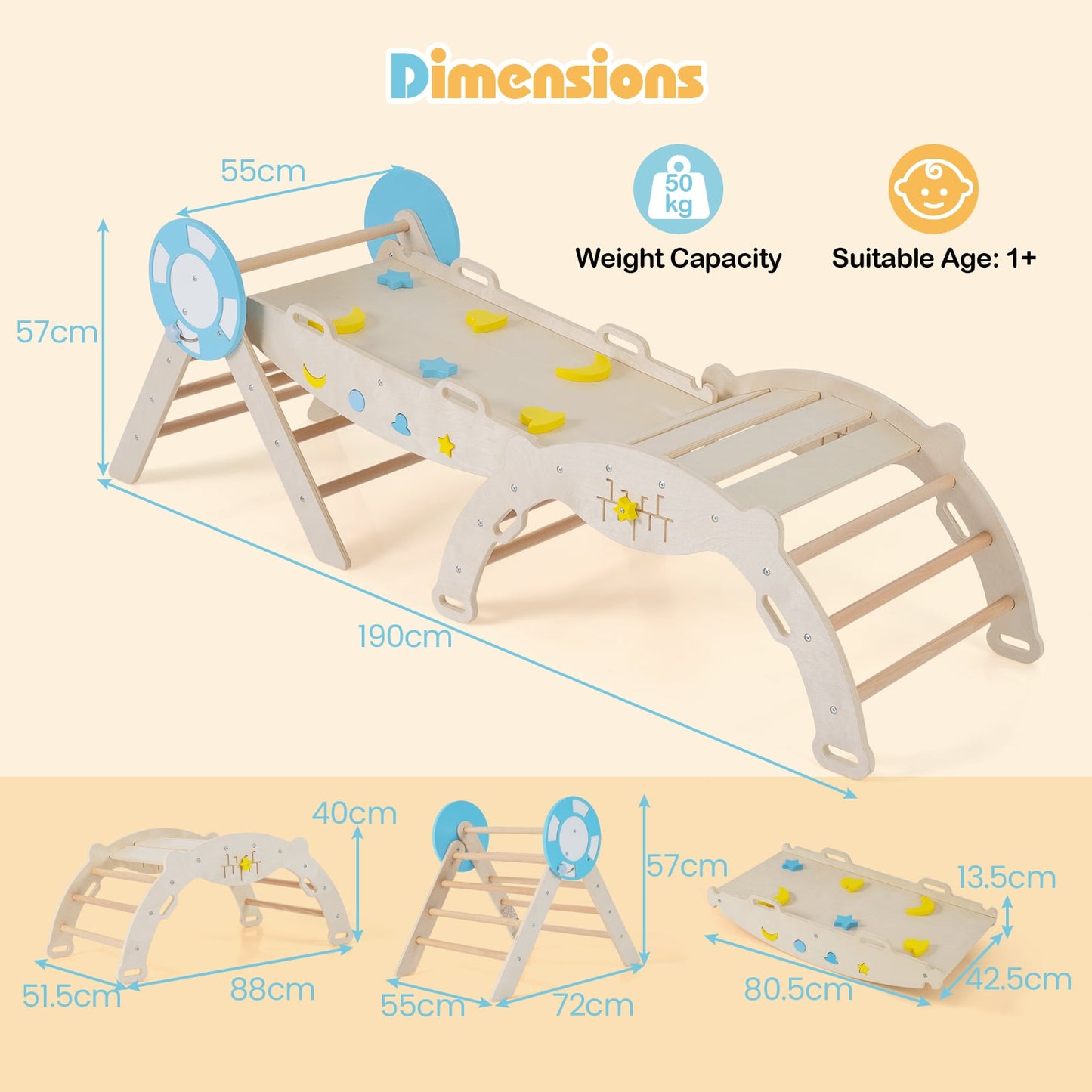 7-in-1 Colorful Montessori Climber Set Toddler Nautical Themed Climbing Set-Natural