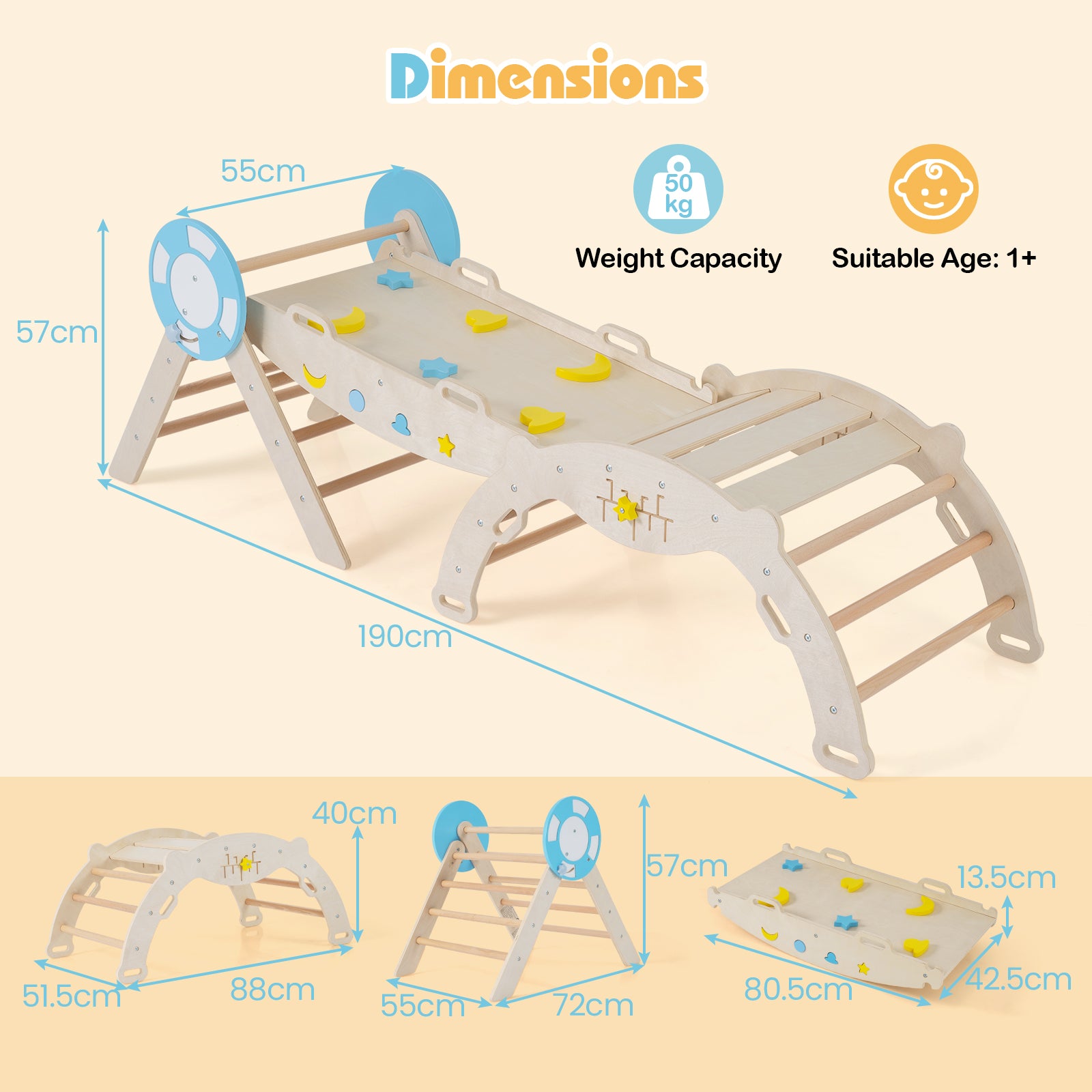 7-in-1 Colorful Montessori Climber Set Toddler Nautical Themed Climbing Set-Natural