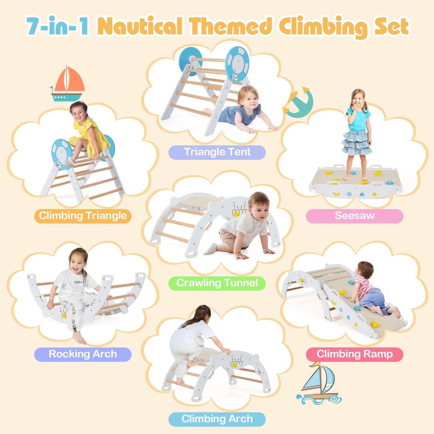 7-in-1 Colorful Montessori Climber Set Toddler Nautical Themed Climbing Set-White