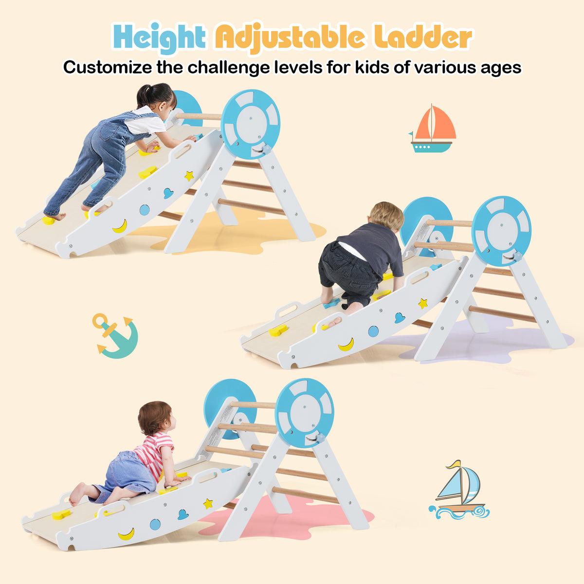 7-in-1 Colorful Montessori Climber Set Toddler Nautical Themed Climbing Set-White