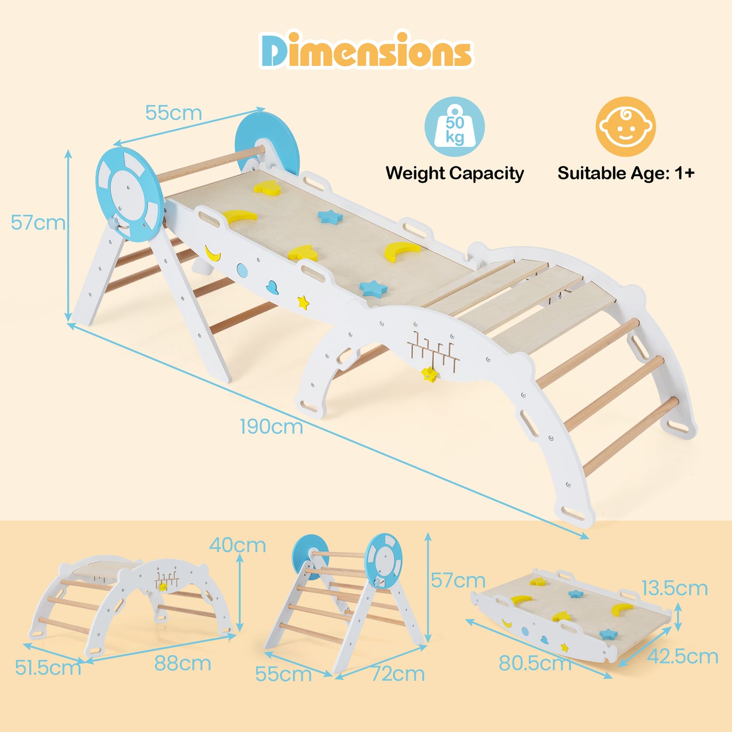 7-in-1 Colorful Montessori Climber Set Toddler Nautical Themed Climbing Set-White