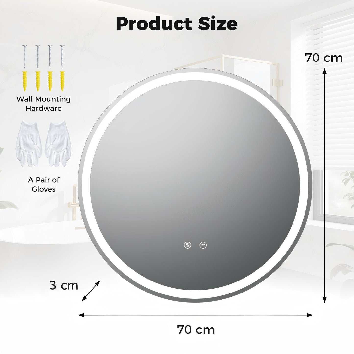 70 CM Round LED Lighted Mirror Wall Mounted with 2 lighting Sources