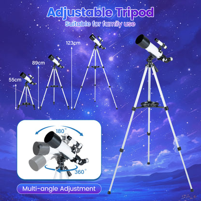 70 mm Refractor Telescope with 2 Eyepieces Adjustable Tripod Phone Mount and Carry Bag-White