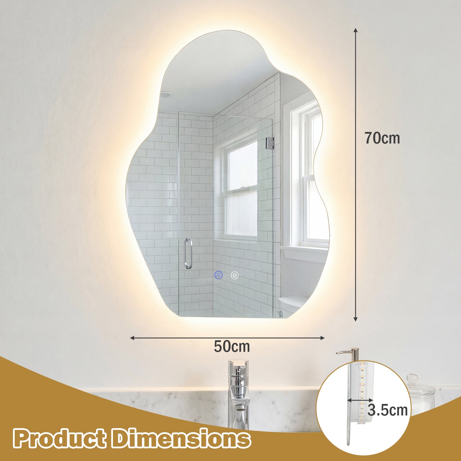 70 x 50 CM Irregular LED Bathroom Mirror with 3 Light Colors
