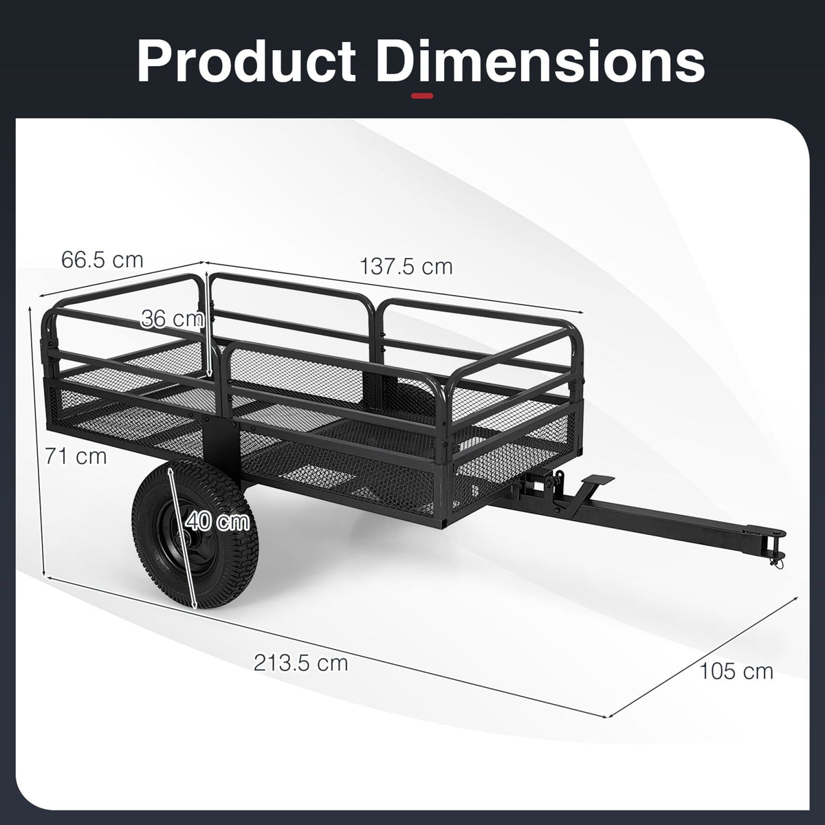 700 KG Capacity 0.5 m³ Heavy Duty Metal Dump Cart Trailer for ATV UTV Tractor-Black