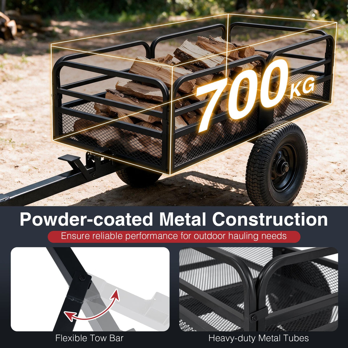 700 KG Capacity 0.5 m³ Heavy Duty Metal Dump Cart Trailer for ATV UTV Tractor-Black