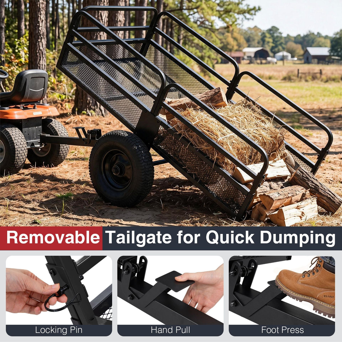 700 KG Capacity 0.5 m³ Heavy Duty Metal Dump Cart Trailer for ATV UTV Tractor-Black