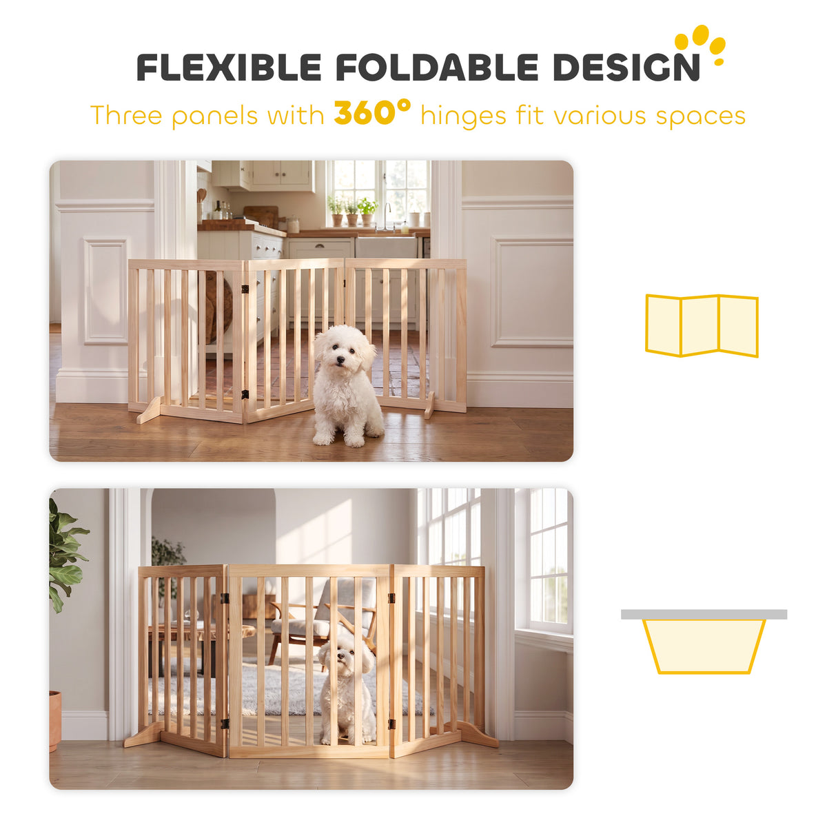 PawHut Wooden Dog Gate, 3-Panel Freestanding Pet Gates Indoor with 2 Support Feet and 360° Flexible Hinges, Natural