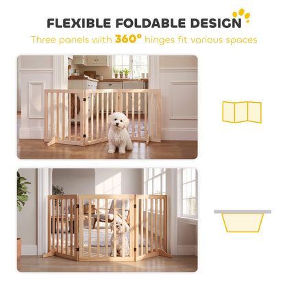 PawHut Wooden Dog Gate, 3-Panel Freestanding Pet Gates Indoor with 2 Support Feet and 360° Flexible Hinges, Natural