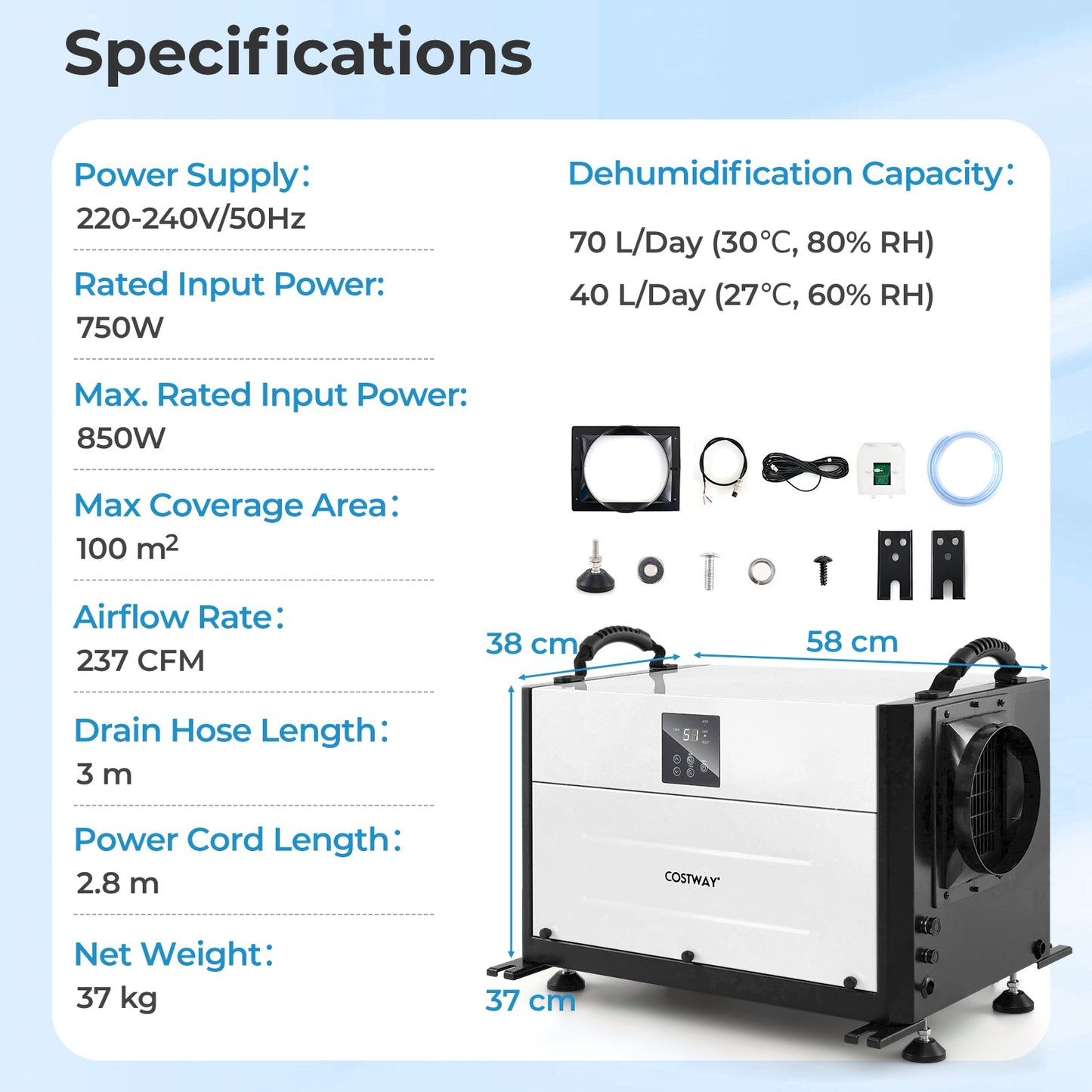 50/70L/Day Industrial Dehumidifier with Pump and Drain Hose-White-70L