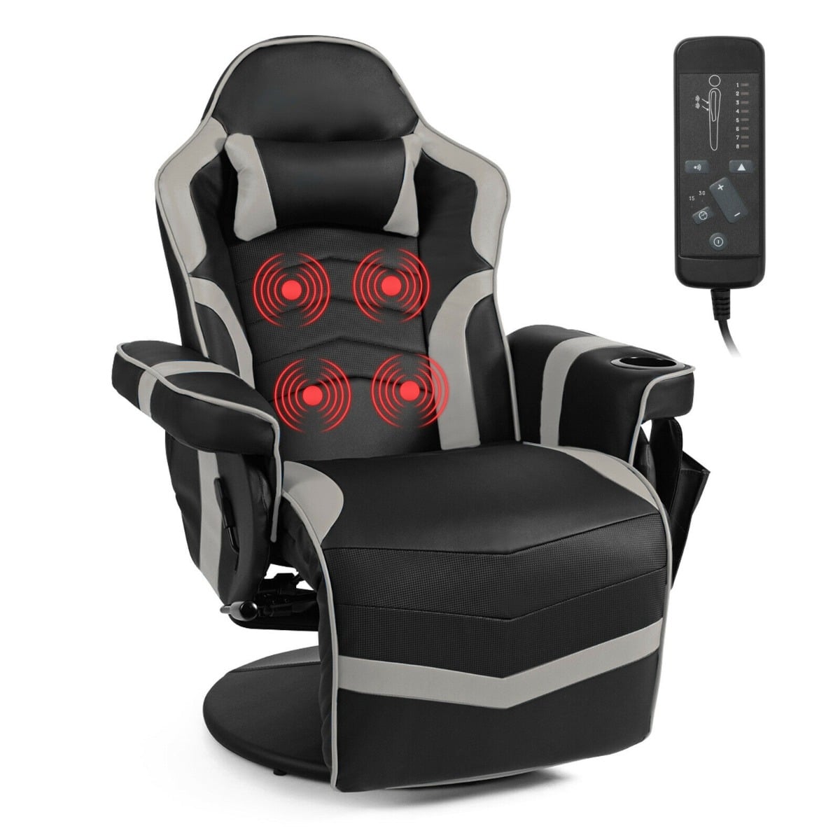Electric Massage Gaming Chair with Cup Holder and Side Pouch-Grey