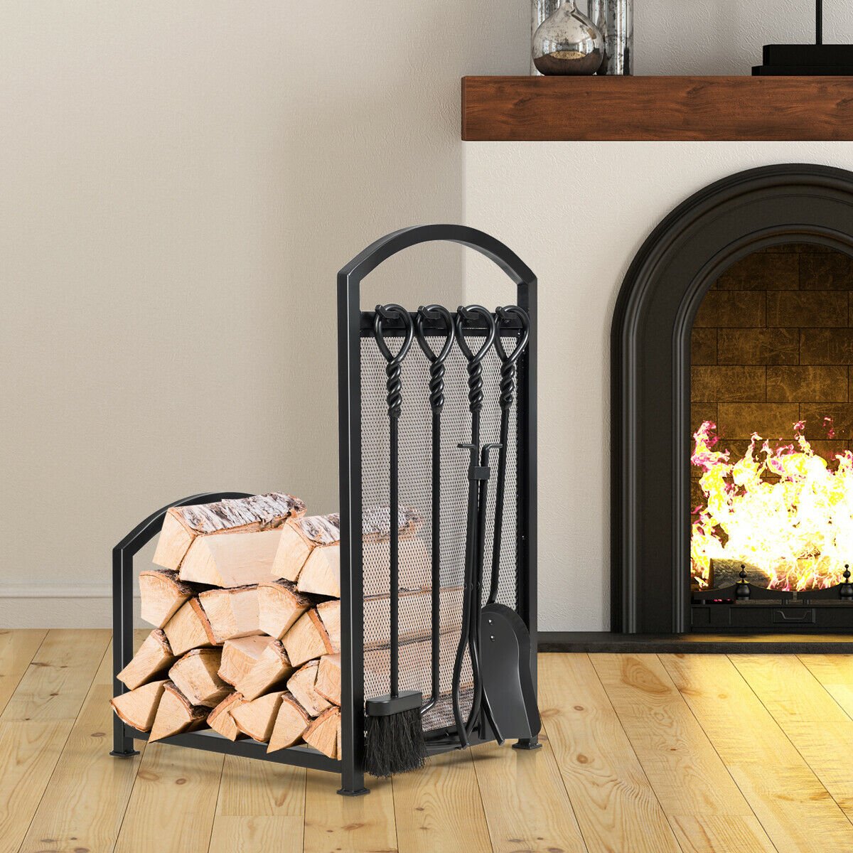Firewood Rack with 4 Tools Fireplace Log Storage Holder Set