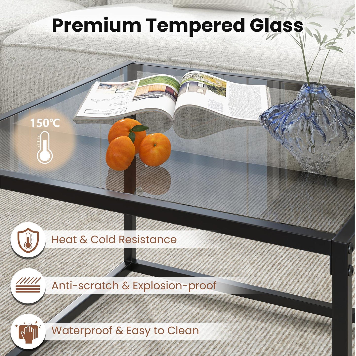 70 CM Modern Square Coffee Table with Metal Frame-Grey