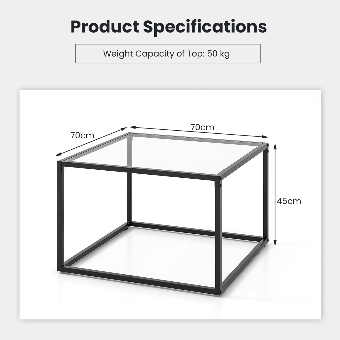 70 CM Modern Square Coffee Table with Metal Frame-Transparent