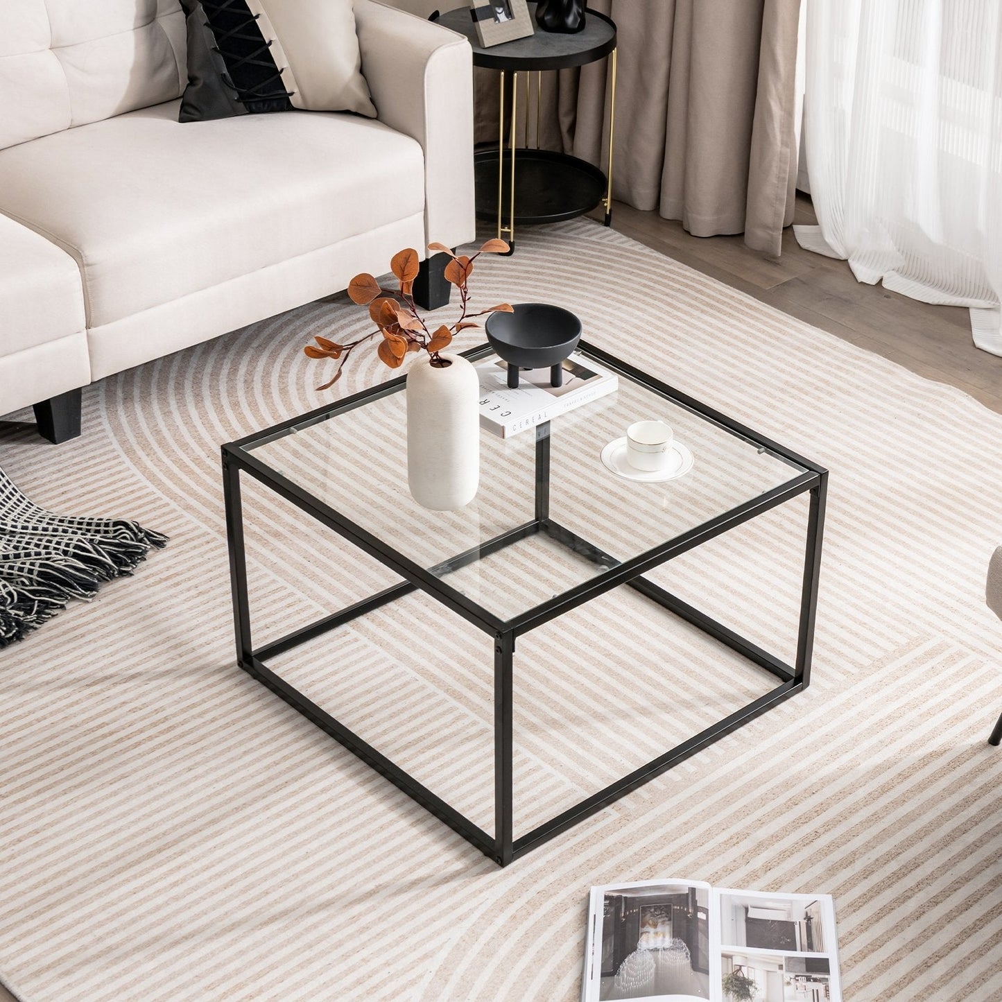 70 CM Modern Square Coffee Table with Metal Frame-Transparent