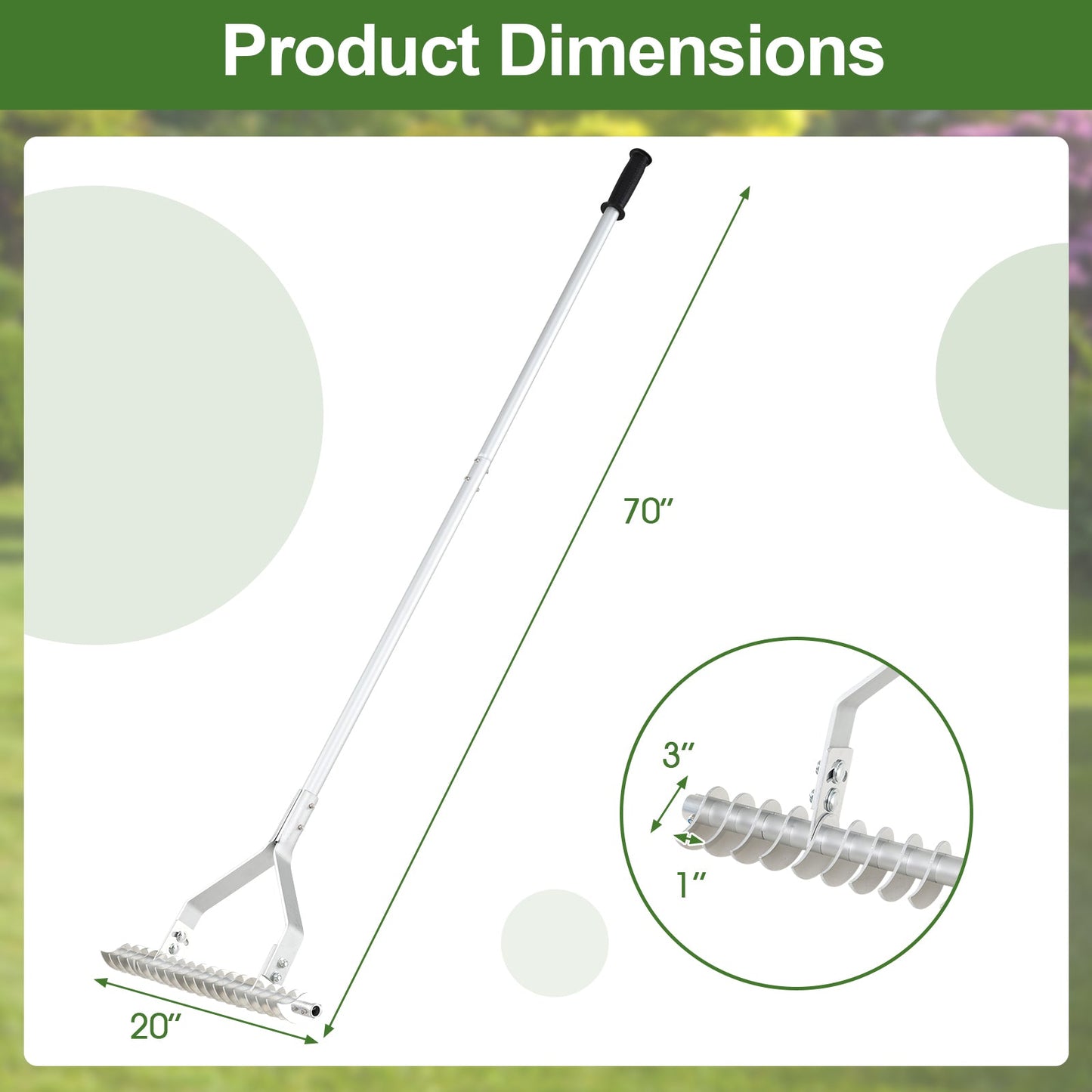 178 cm Garden Thatch Rake with Long Handle and 19 Curved Tines
