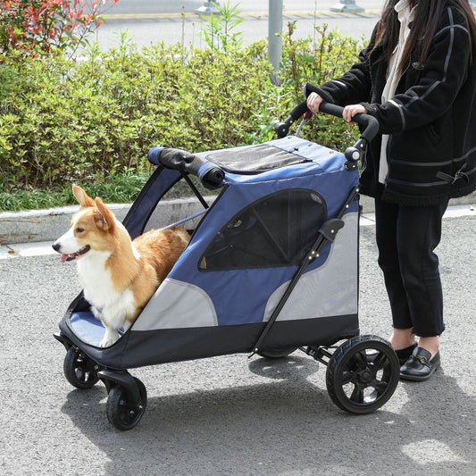 PawHut Pet Stroller Dog Foldable Travel Carriage with Adjustable Handle Blue