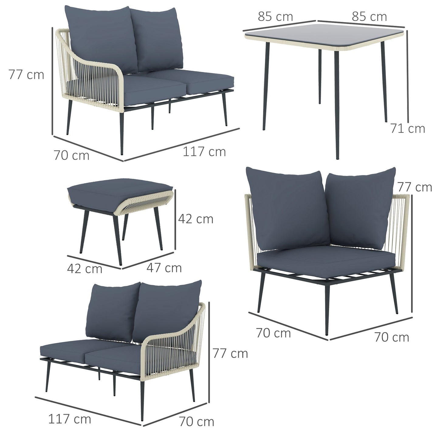 Outsunny Six-Piece Rattan Strong Garden Sofa Set - Grey