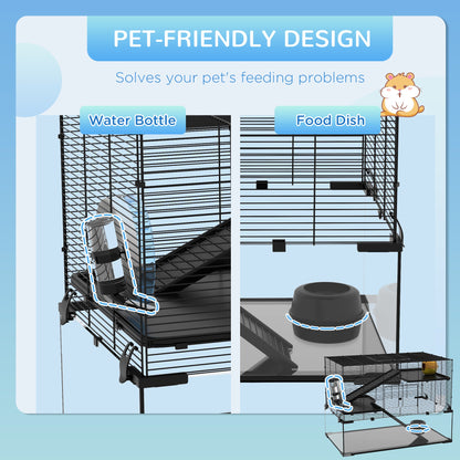 PawHut 3 Tiers Hamster Cage, Gerbil Cage with Deep Glass Bottom, Non-Slip Ramps, Platforms, Hut, Exercise Wheels, Water Bottle, Dish, for Syrian Hamster, Dwarf Hamster, 78.5 x 48.5 x 57cm