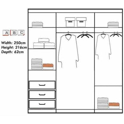 Keynes Black Single Mirrored Sliding Door Large Wardrobe - 250cm