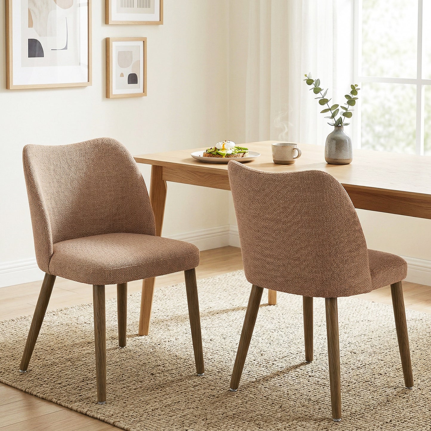 HOMCOM Dining Chairs Set of 2, Linen Upholstered Kitchen Chairs with Padded Seat, Curved Backrest, Rubberwood Legs, Brown