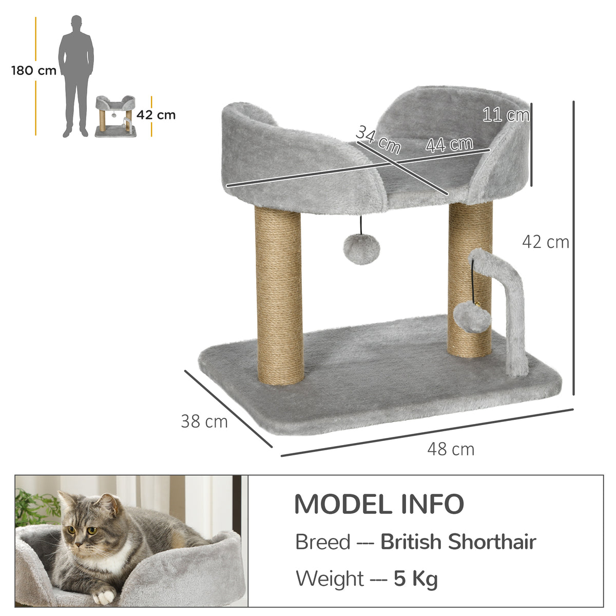 PawHut 42cm Indoor Cat Tree, with Toy Balls, Jute Scratching Post - Light Grey