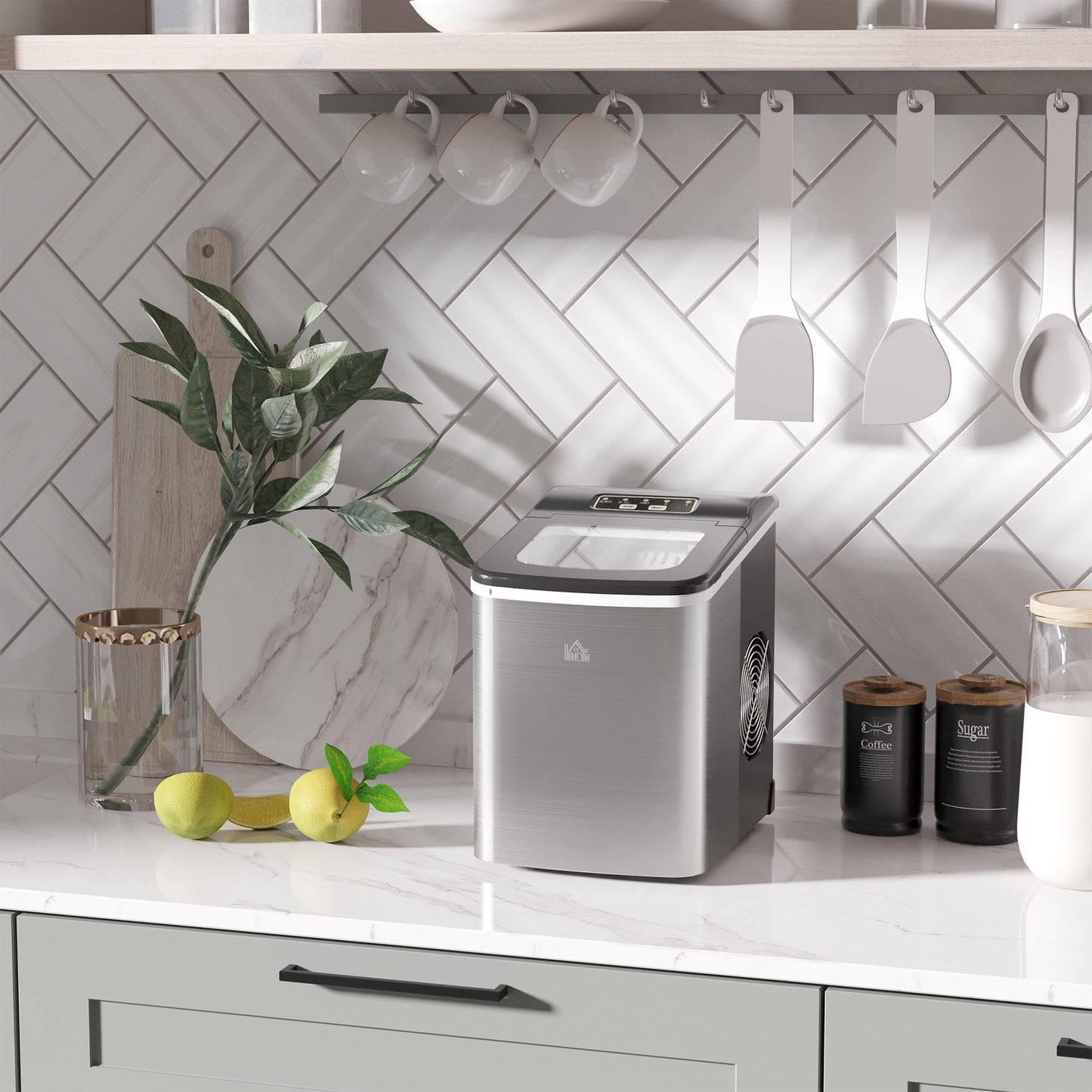 HOMCOM Ice Maker Machine Countertop, 9 Ice Cubes in 8 Mins, 12KG in 24Hrs, Self-Cleaning Portable Ice Cube Maker w/ Adjustable Ice Size, Ice Scoop, Basket, Stainless Steel, No Plumbing Required, Black