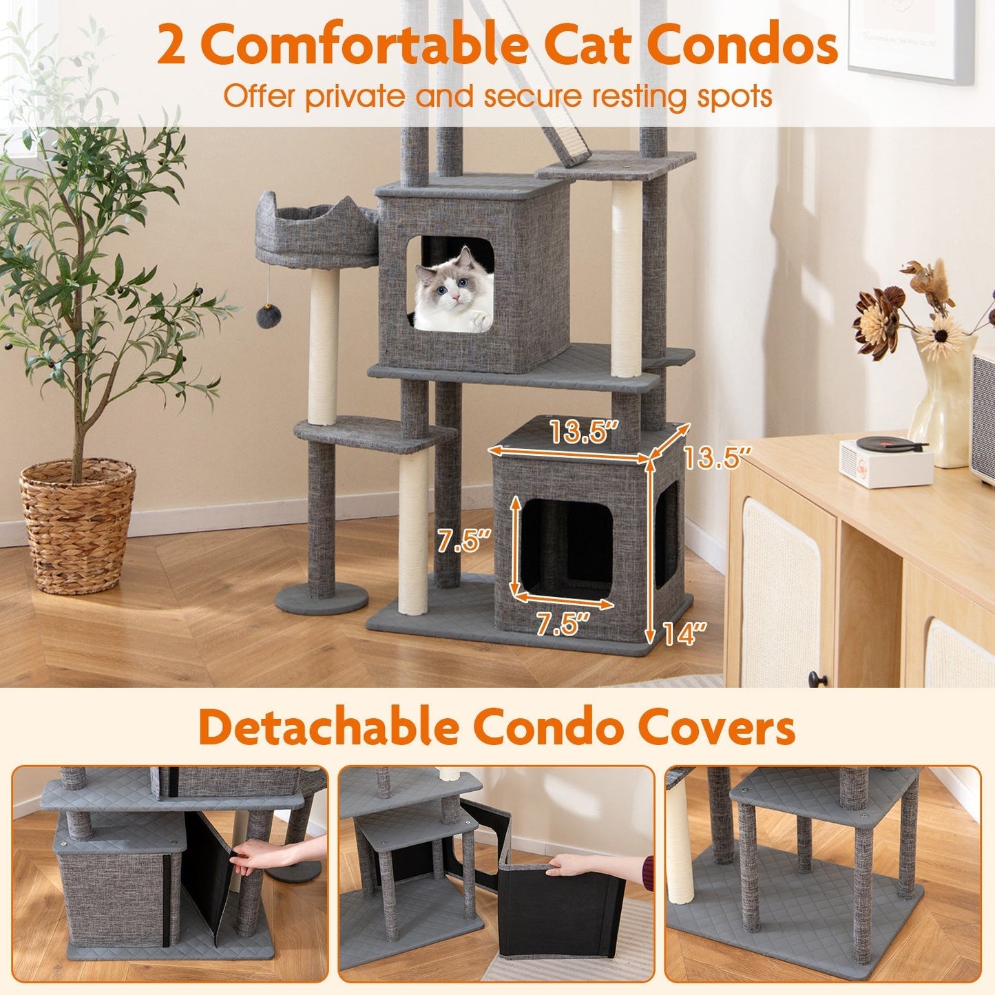 180CM Tall Cat Tree Multi-Level Large Cat Tower with Scratching Posts-Grey