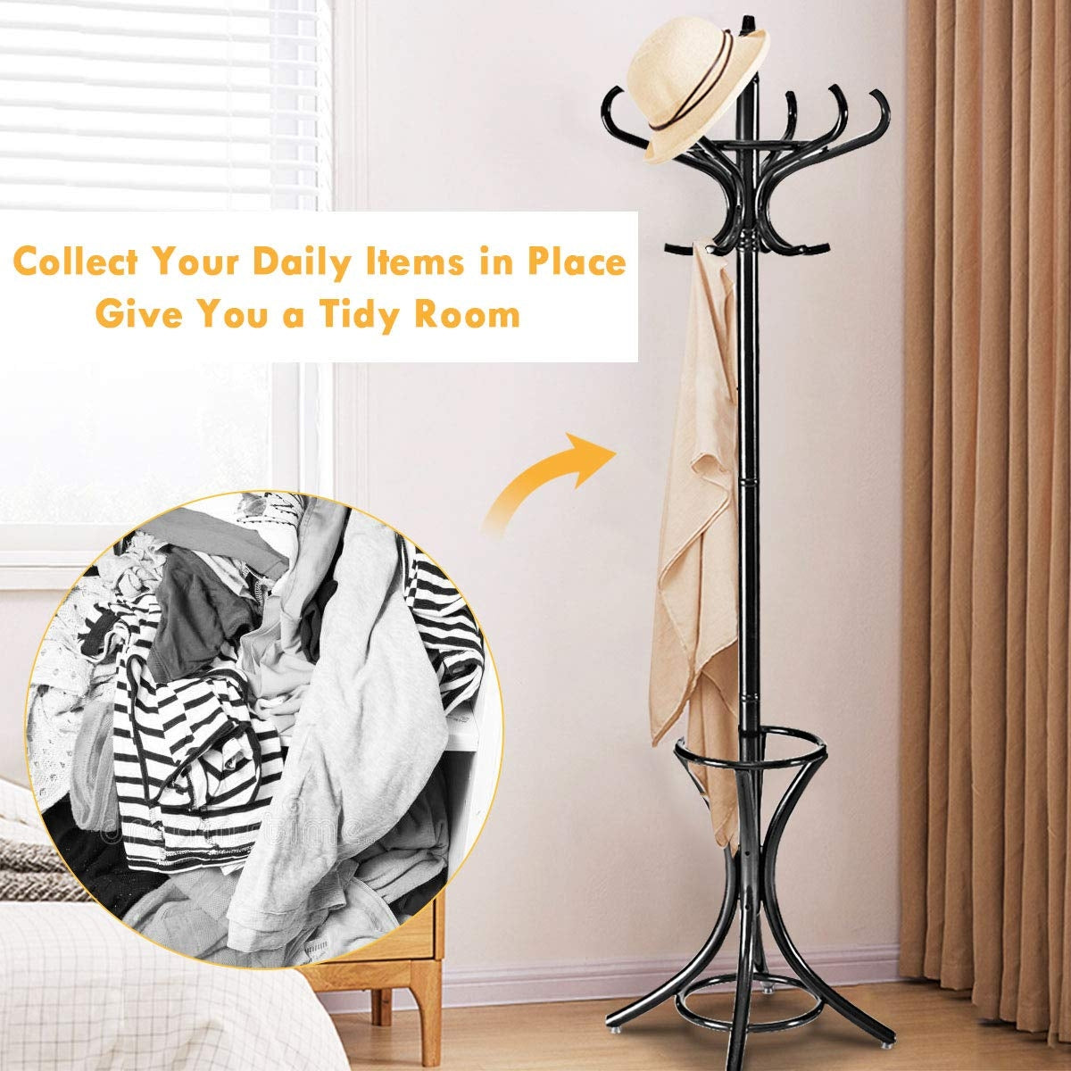 Free-standing Jacket Stand with Umbrella for Living Room-Black