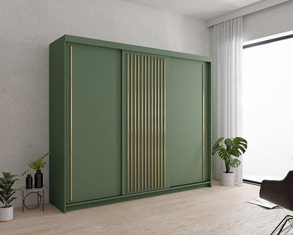 Kesteven Gold Strip Design Green Sliding Door Large Wardrobe - 250cm