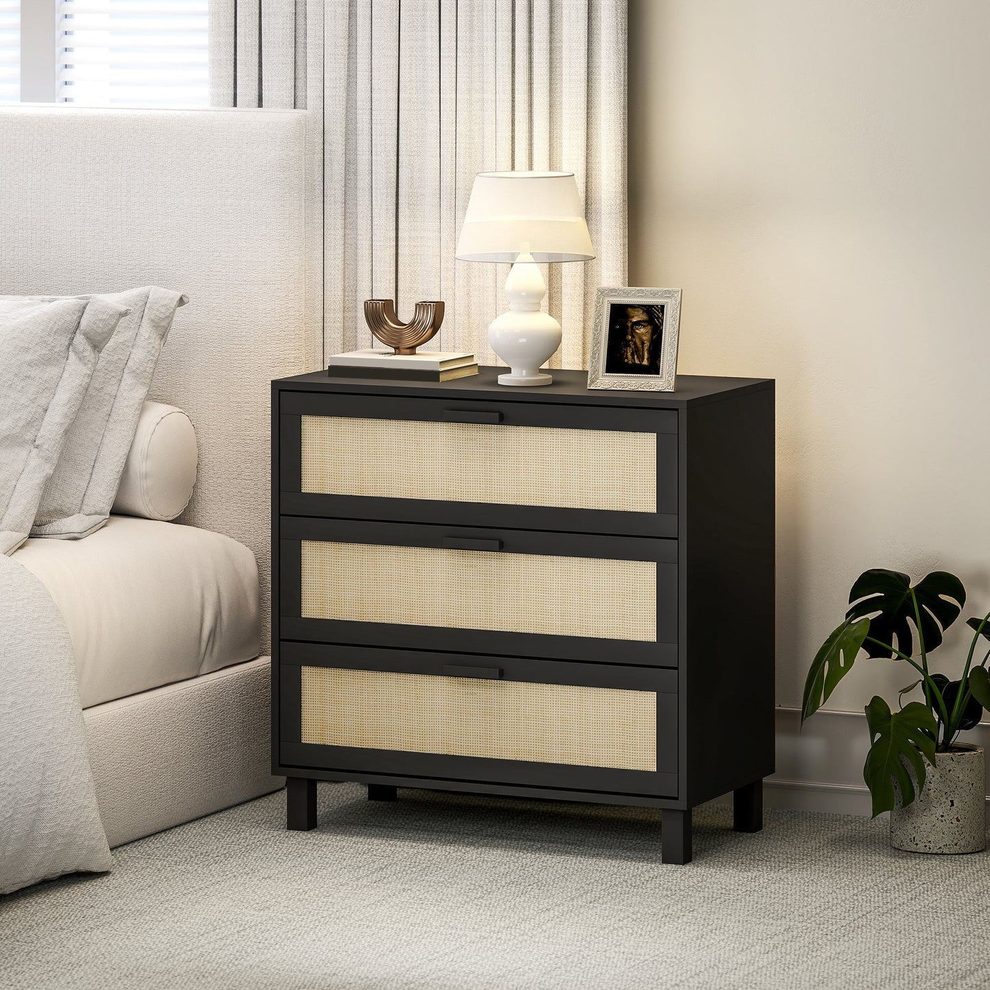 HOMCOM Rattan Bedroom Chest of Drawers, 3 Drawers Storage Unit, Boho Dresser for Living Room, Hallway, Black