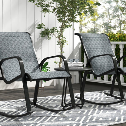 3 Piece Outdoor Rocking Set With 2 Armchairs, Metal Top Coffee Table, Patio Bistro Set With Curved Armrests, Breathable Mesh Fabric Seat - Mixed Grey