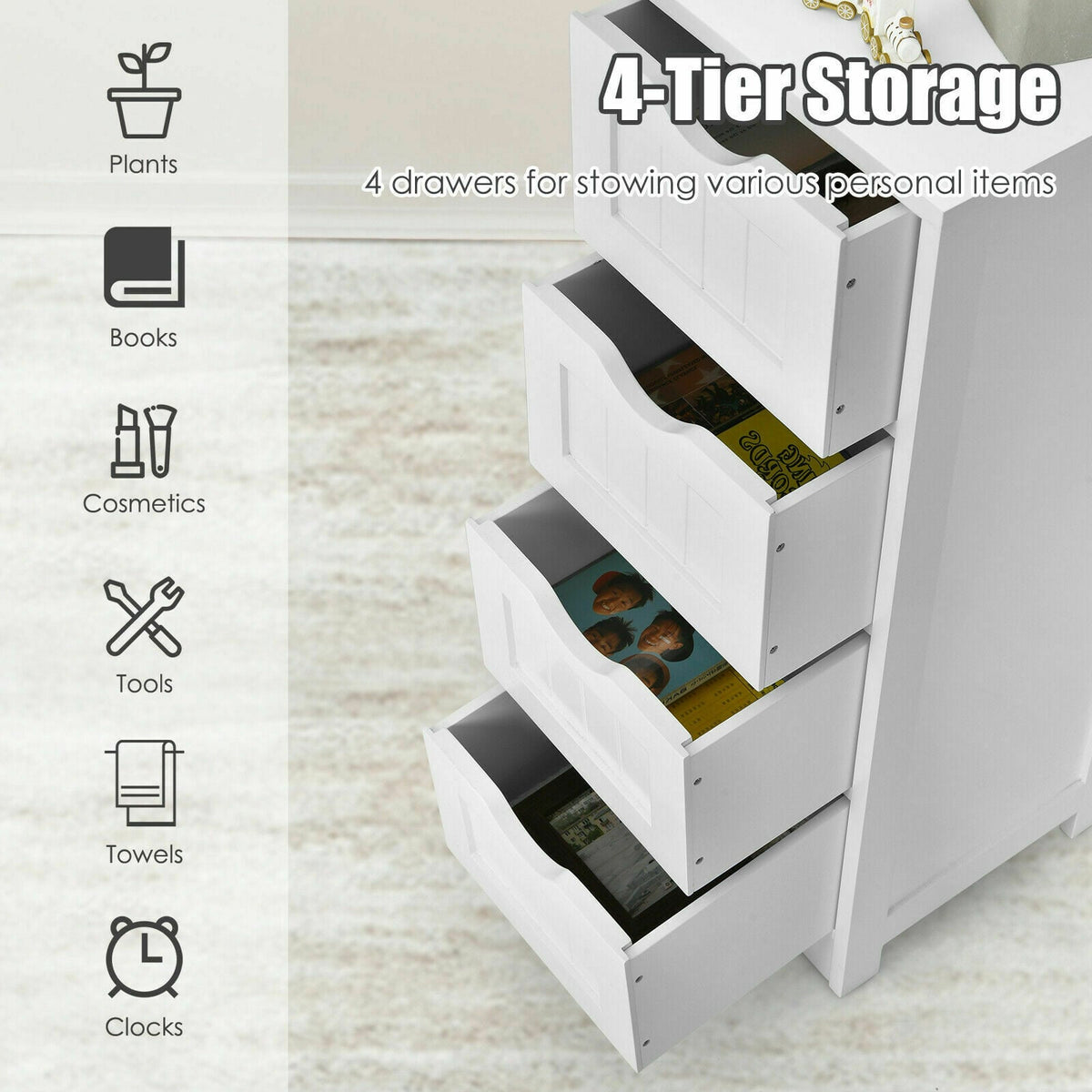 4 Drawers Bathroom Floor Cabinet with Curved Handle-White