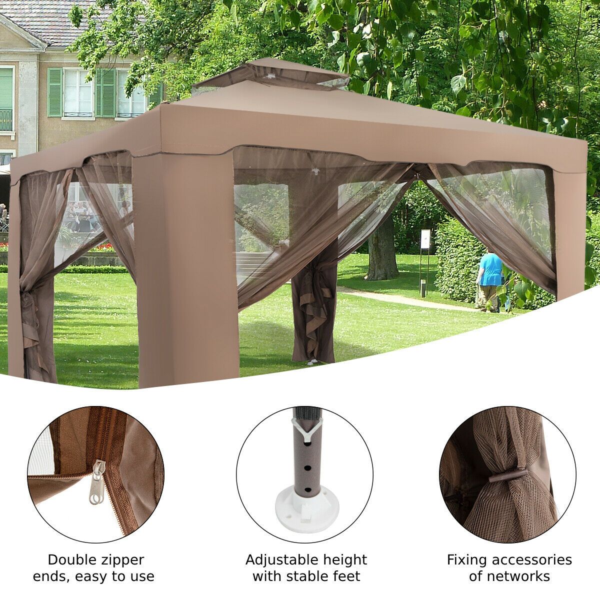 3m x 3m Gazebo Tent with Steel Frame and Double Tiered Canopy Brown