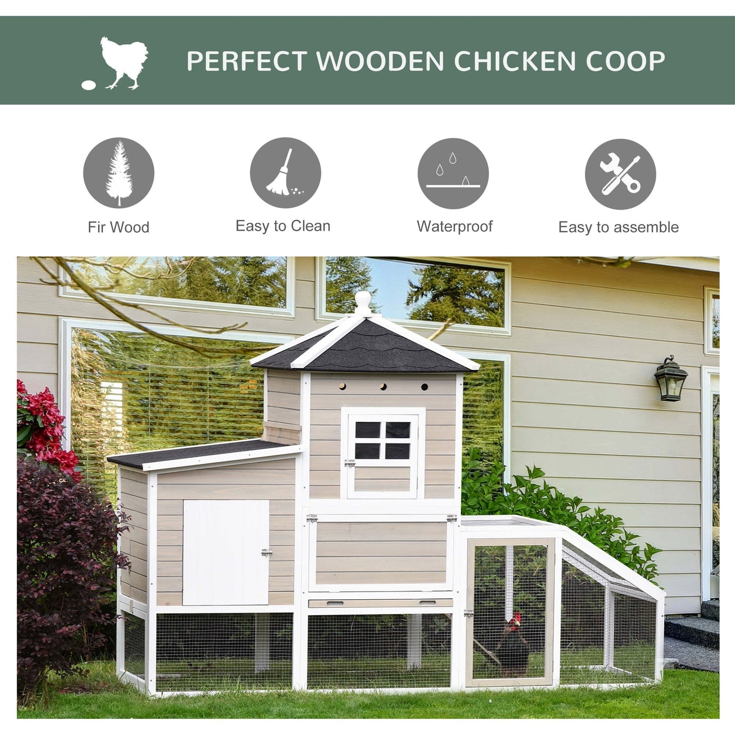 PawHut Wooden Chicken Coop Outdoor Hen House with Removable Tray Separate Nesting Box