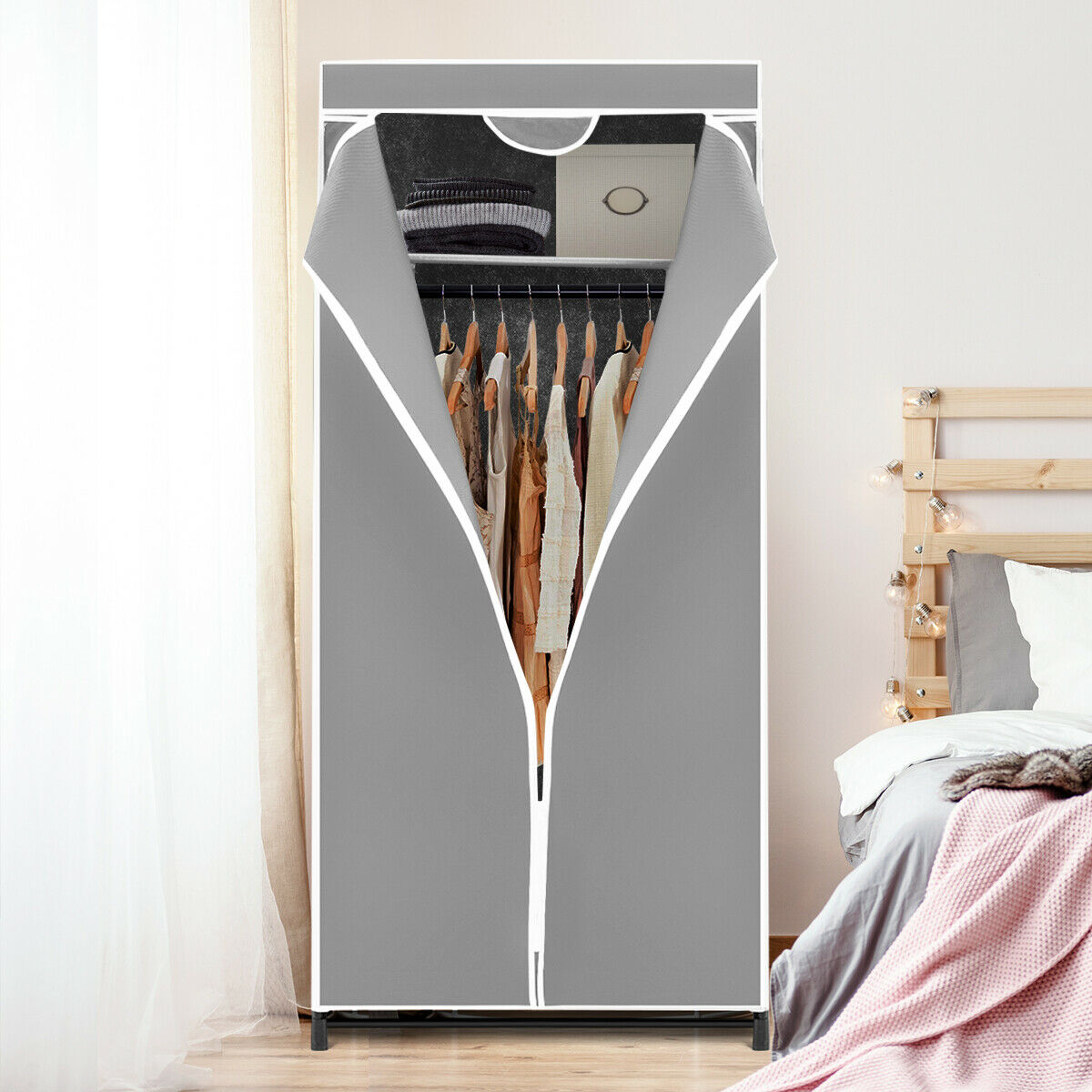 Double Canvas Wardrobe with Dust-proof Cover-Grey