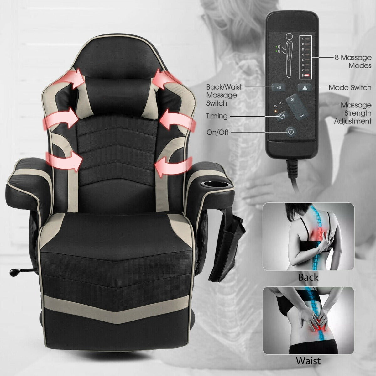 Electric Massage Gaming Chair with Cup Holder and Side Pouch-Grey