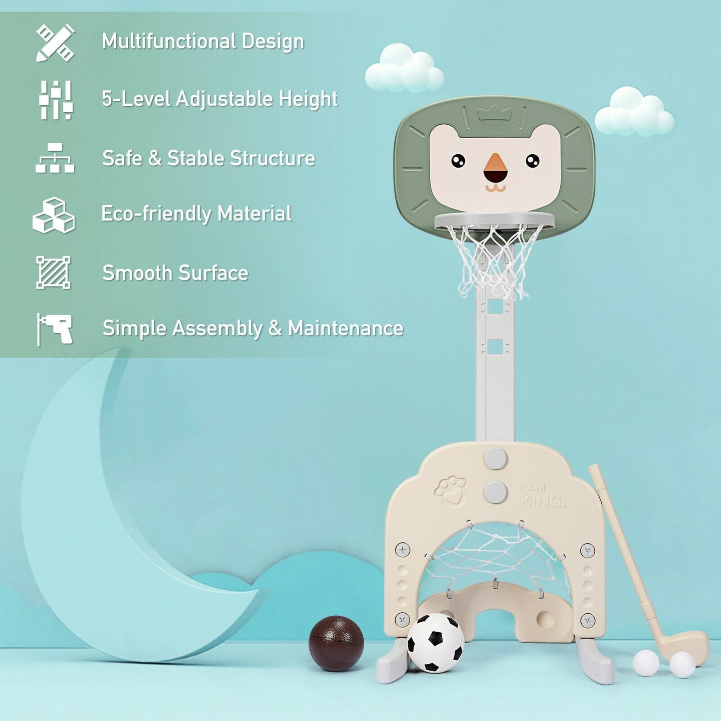 3-in-1 Basketball Hoop Set Stand 5 Adjustable Height