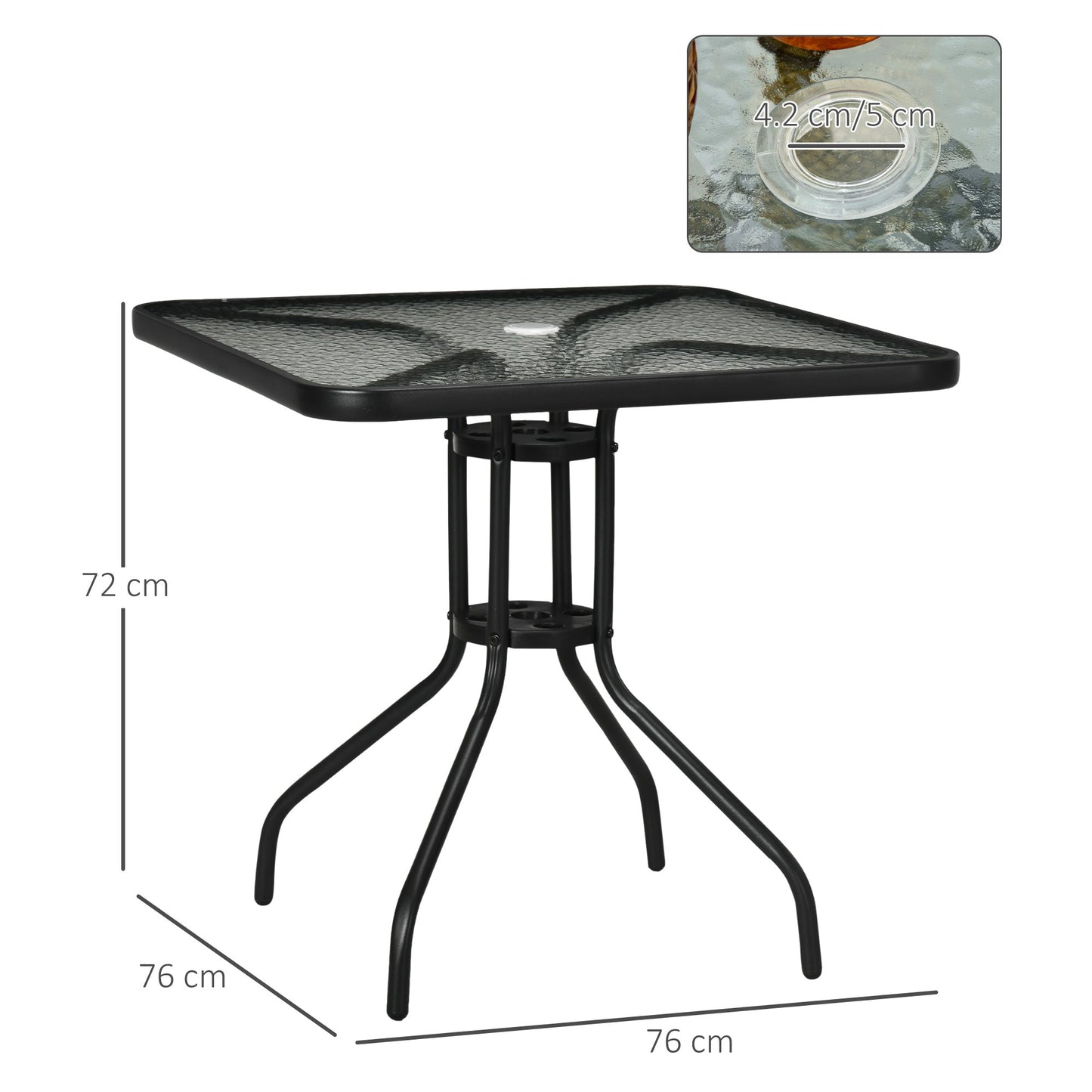 Stół ogrodowy Outsunny Square z blatem ze szkła hartowanego i otworem na parasol, 76 x 76 cm