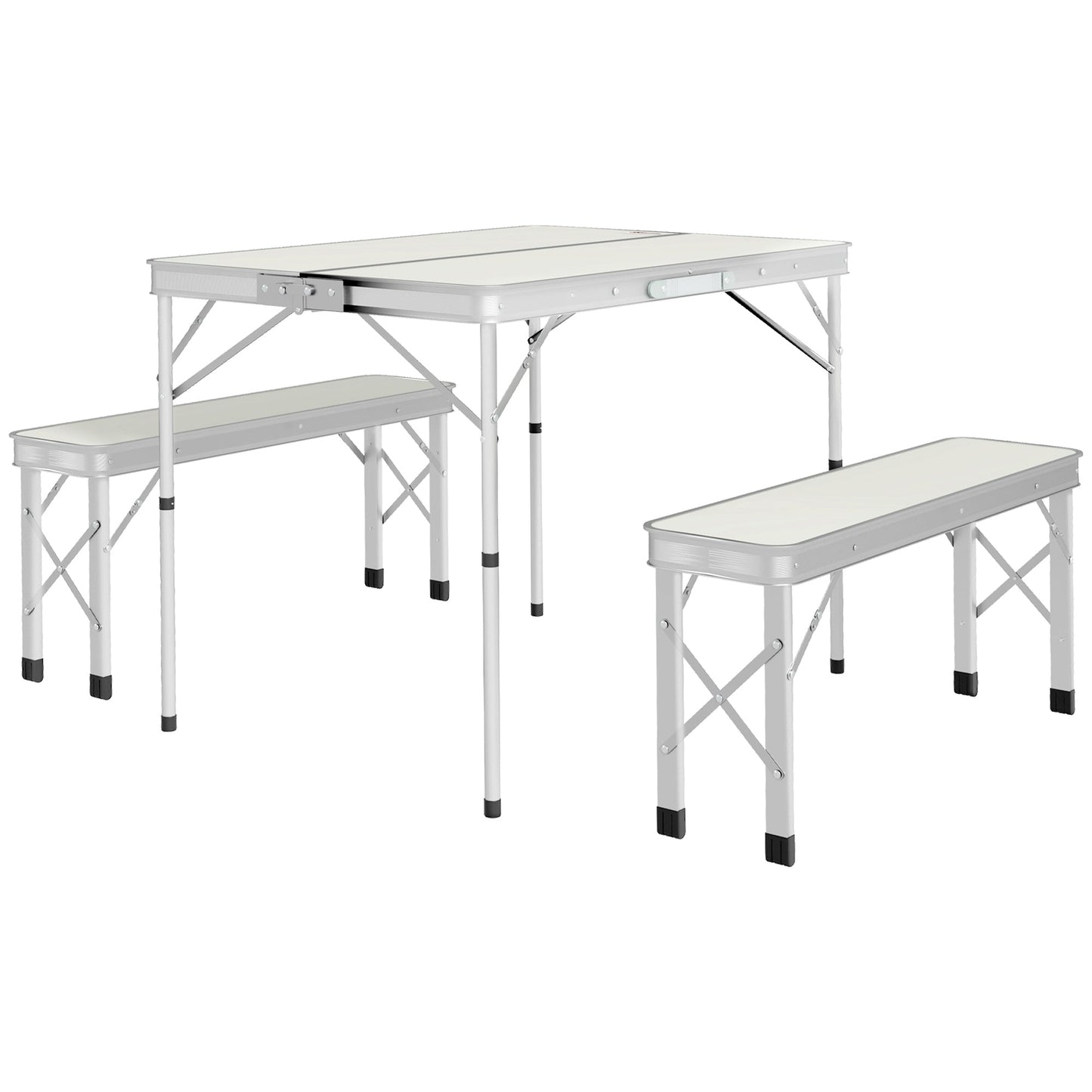 Outsunny Foldable Camping Picnic Table and Chairs, Lightweight Aluminium Garden Table Set with 2 Benches for Camping, Garden, Party, BBQ, Silver