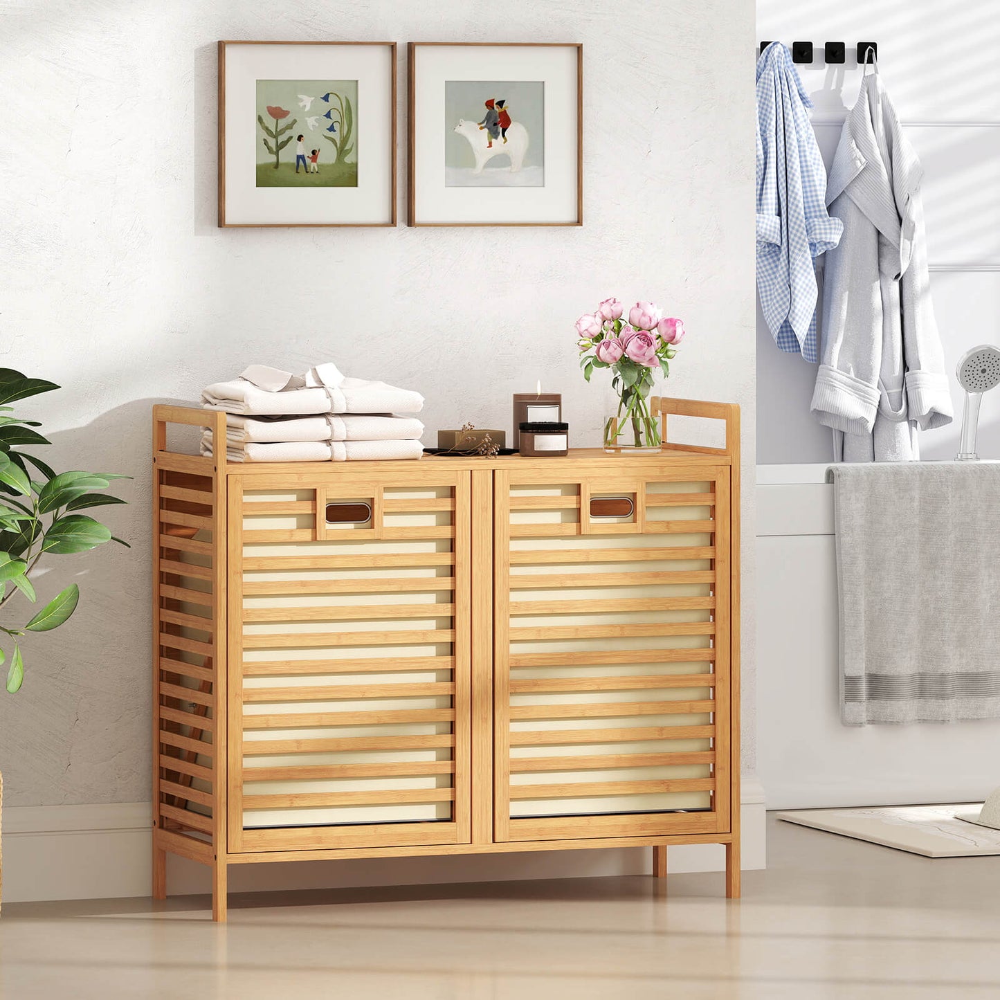 75L Double Tilt-out Laundry Hamper Bamboo with 2 Removable Bins-Natural