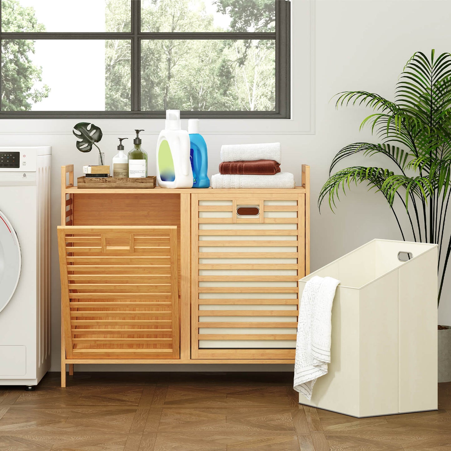 75L Double Tilt-out Laundry Hamper Bamboo with 2 Removable Bins-Natural
